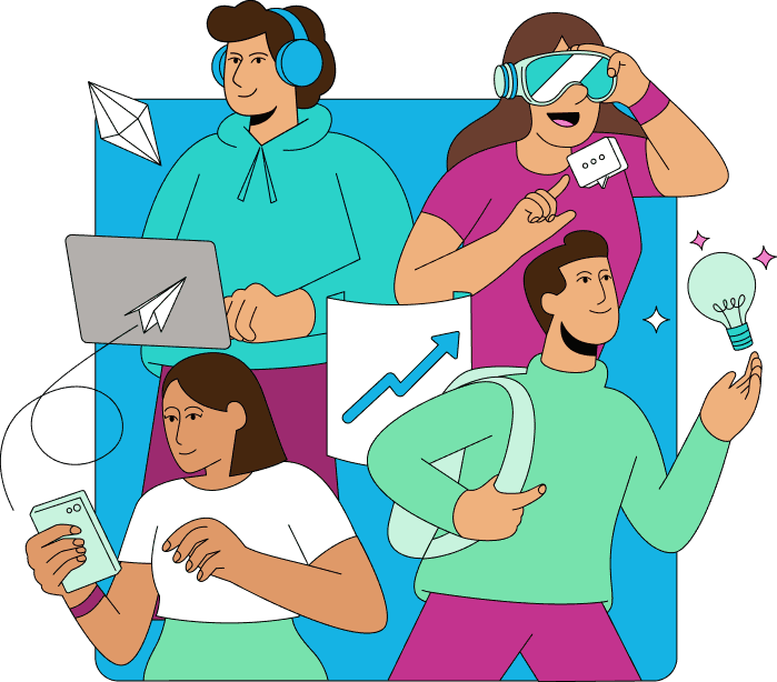 Vida en Credicorp 3 Personas innovadoras. Un hombre usa una laptop, otro tiene una idea brillante, una mujer revisa el móvil y otra usa gafas VR. ¡Crecimiento!