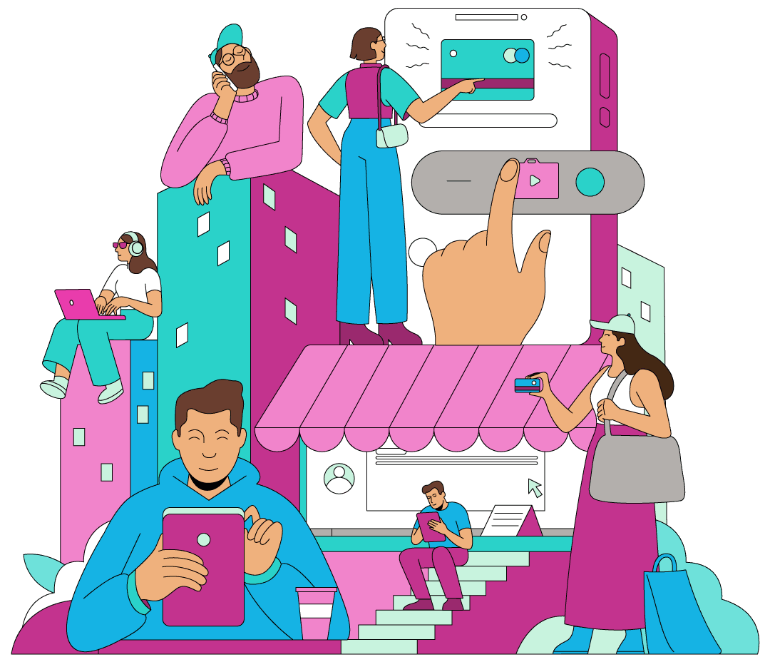 Vida en Credicorp 2 Personas usando la tecnología para adquirir productos financieros y servicios de salud innovadores.