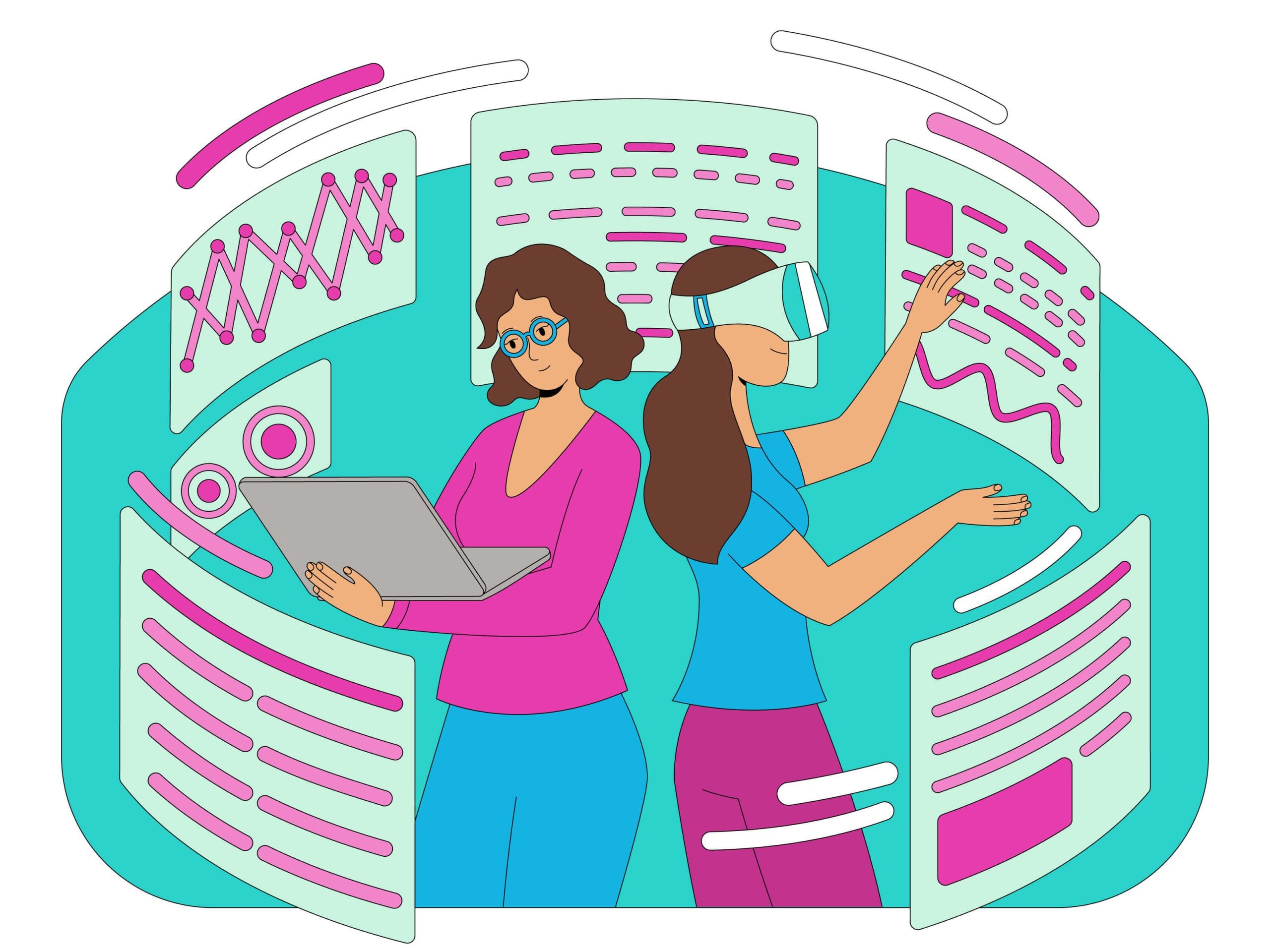 Genias STEM 1 Dos mujeres trabajan juntas; una con gafas usa portátil, otra con gafas VR interactúa con datos virtuales. Análisis de datos.